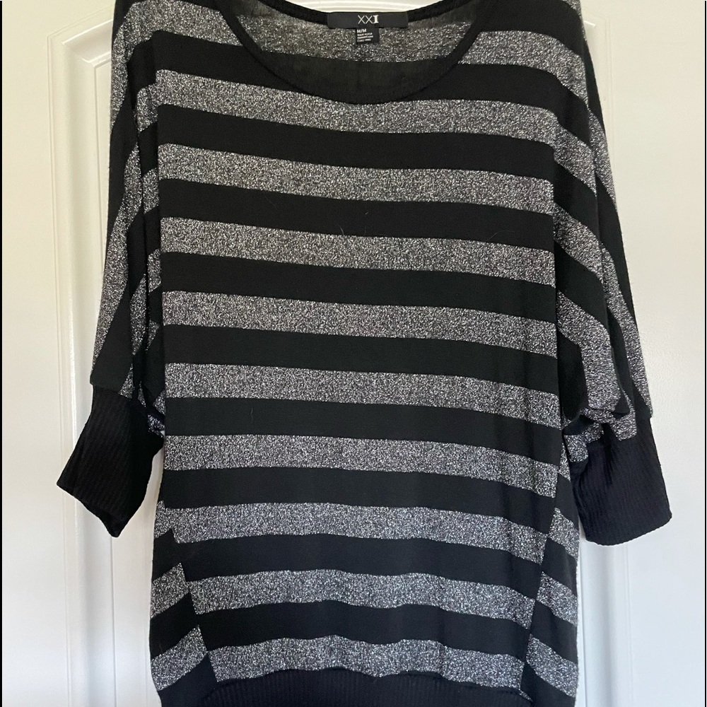 Striped Black and Silver Batwing Top size Medium